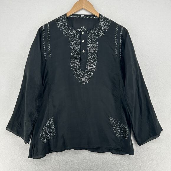 Unbranded Tops - Womens Top M Chikankari Kurti Silk Blouse Popover Embroidered Black